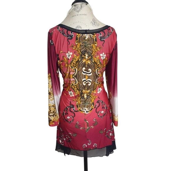 Womens Baroque Boho Tunic Dress L Burgundy Gold Sheer Hem Stretch Eclectic - Picture 2 of 5